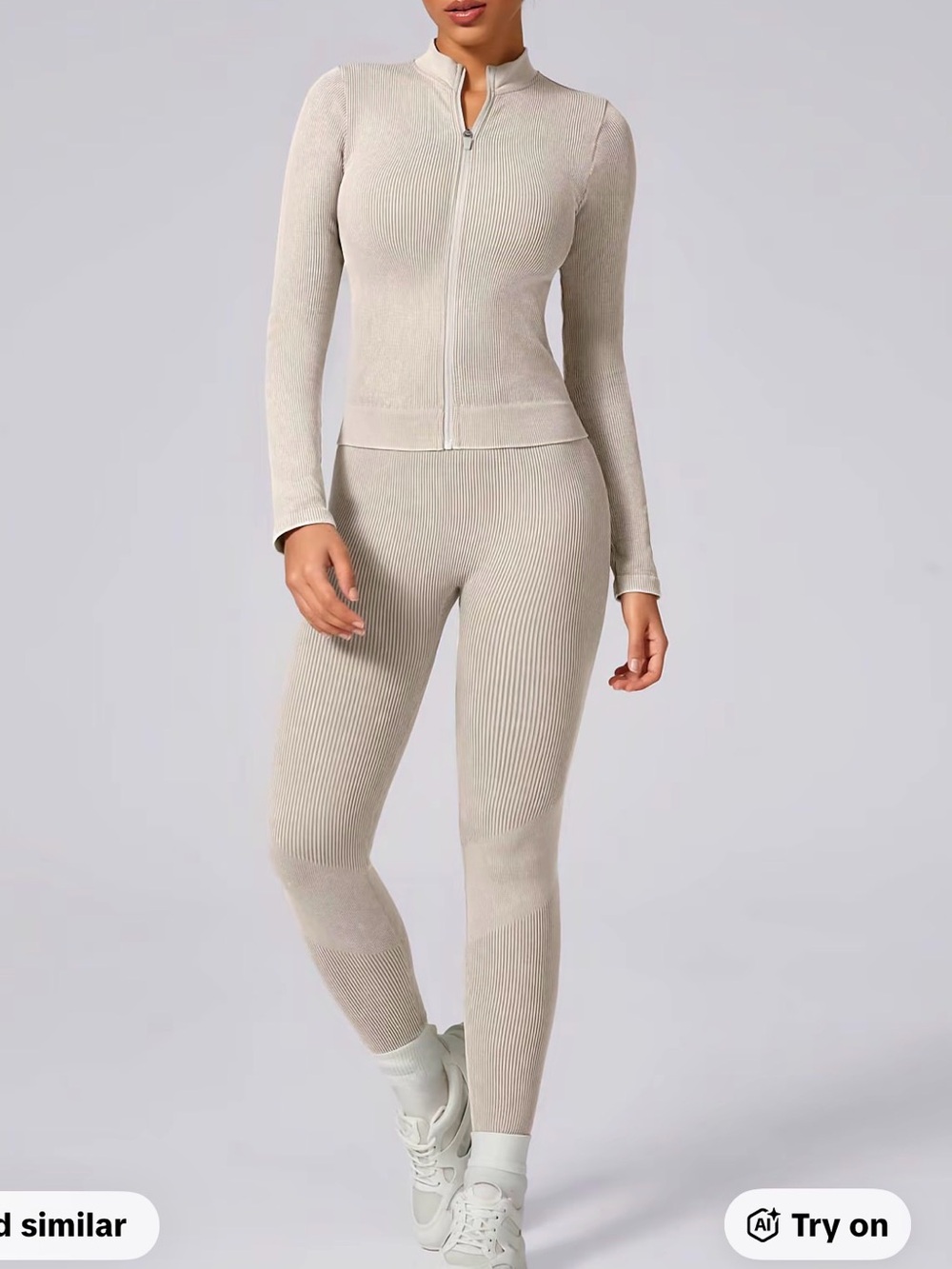 Neutral Ribbed Zipper Jumpsuit - Beige